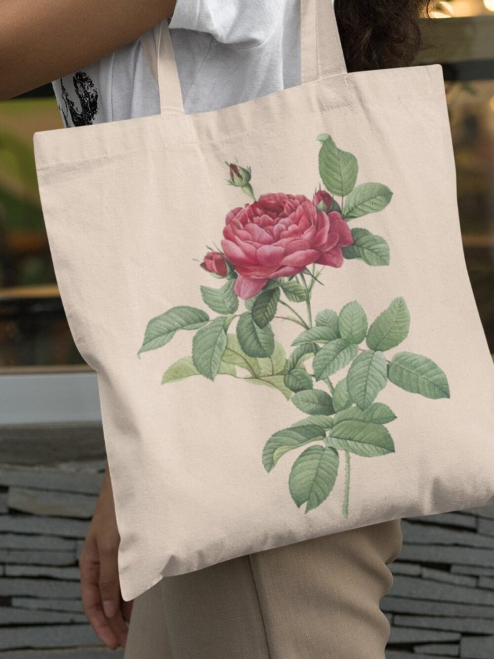 French Rose Vintage Floral Print Graphic Canvas Tote Bag